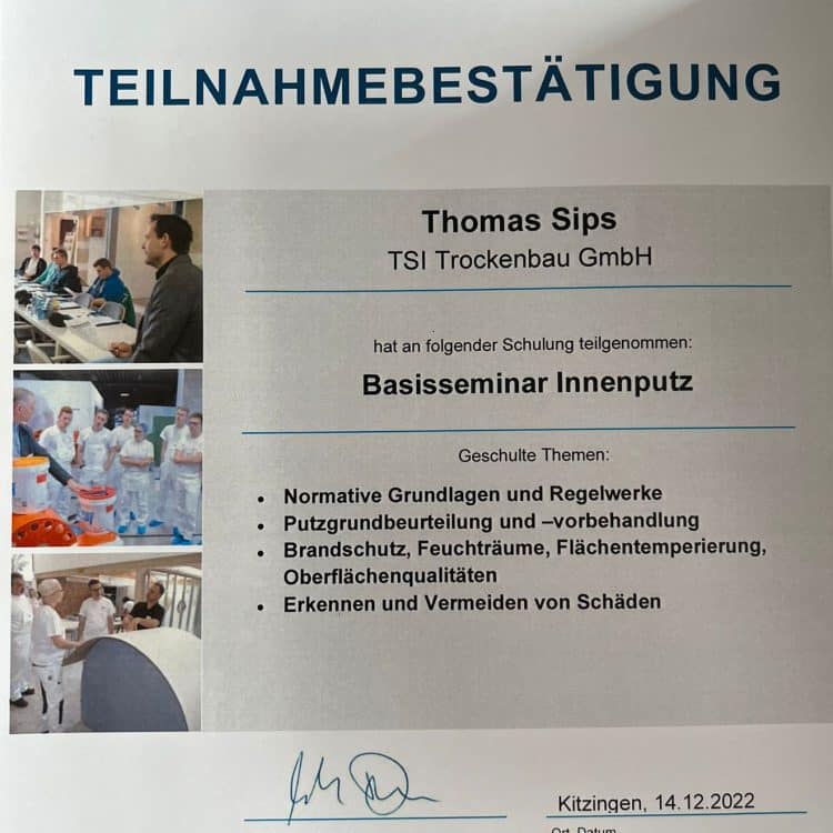 Abbildung Zertifikat Innenputz