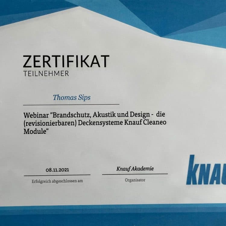 Abbildung Zertifikat Brandschutz, Akustik und Design