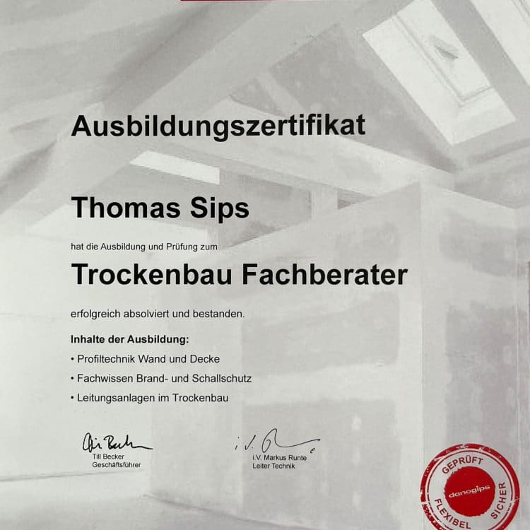 Abbildung Zertifikat Trockenbau Fachberater